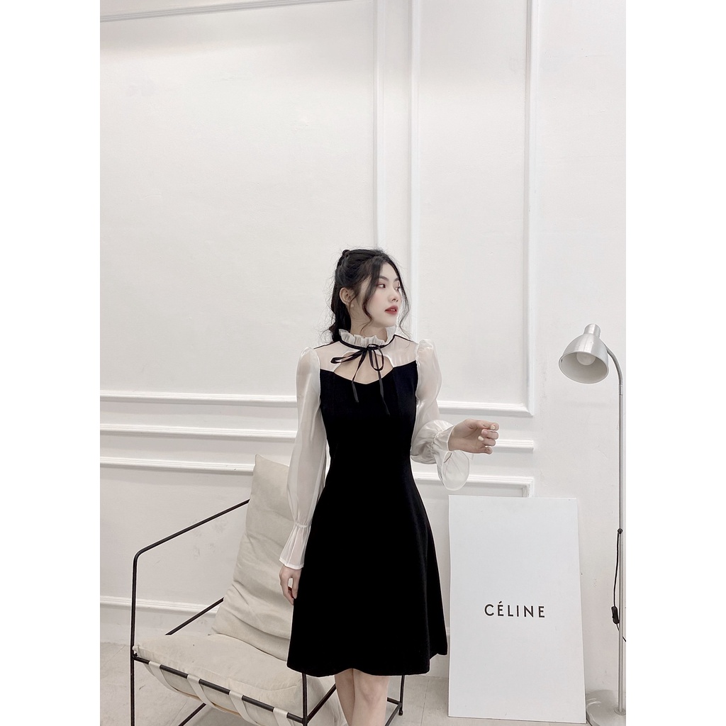Váy tiểu thư phối cổ nơ tay voan organza Đầm xinh