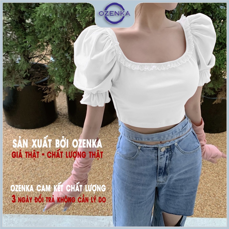 Áo croptop nữ tay bổng cổ vuông ôm phối bèo tay ngắn OZENKA , crt kiểu Hàn Quốc mặc hè 2022  màu đen trắng dưới 50 kg