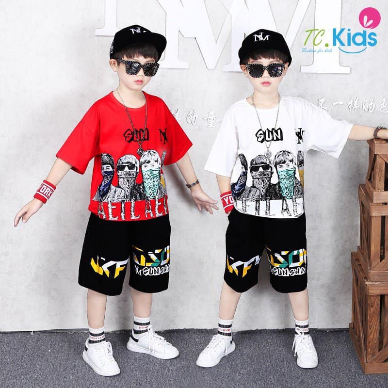 Bộ bé trai phong cách hip hop thun cotton xinh mát 4 màu phối như hình