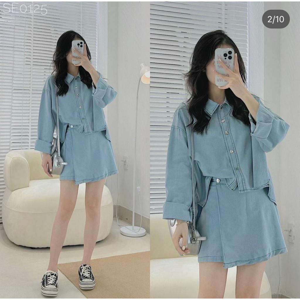 Set áo sơ mi kèm chân váy jean
