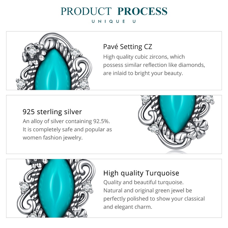 Hạt xỏ BAMOER bạc 952 đính đá ngọc lam nhân tạo