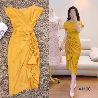 Đầm dự tiệc V1100 Váy lụa nhún eo bèo sang chảnh (ẢNH THẬT) Màu Vàng gold size S, M, L