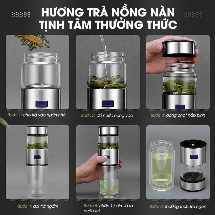 Binh pha trà 2 lớp cách nhiệt đáy thuỷ tinh 400ml tiện lợi - bình đựng trà 2 ngăn phân tách trà và nước