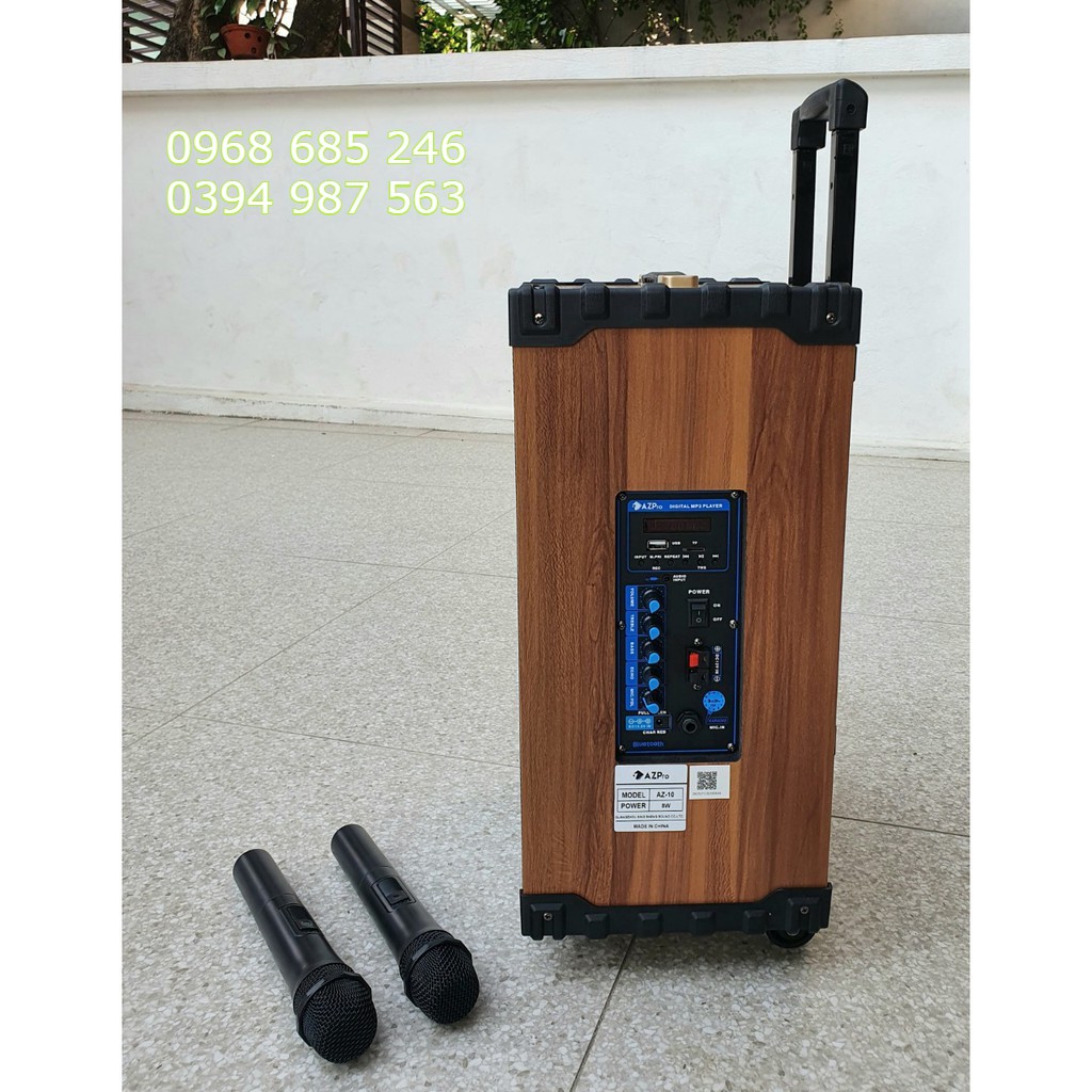 Loa kéo karaoke mini AZPro AZ 8 bluetooth 2 mic Loa kẹo kéo di động thùng gỗ giá tốt hơn jbz jbl