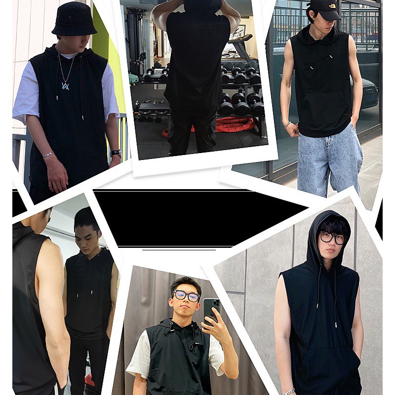 Áo thun thể thao sát nách có mũ trùm đầu vải nhanh khô năng động cá tính dành cho nam