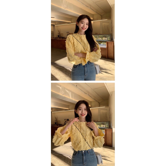 Áo Kiểu Tay Dài Cổ Tròn Màu Vàng Sang Trọng Thiết Kế Mới Mùa Xuân Cho Nữ 2022