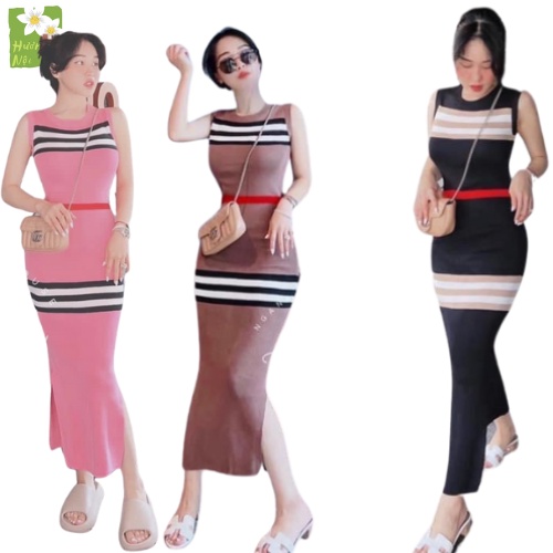 Đầm len thun sọc ngang thổ cẩm ôm body