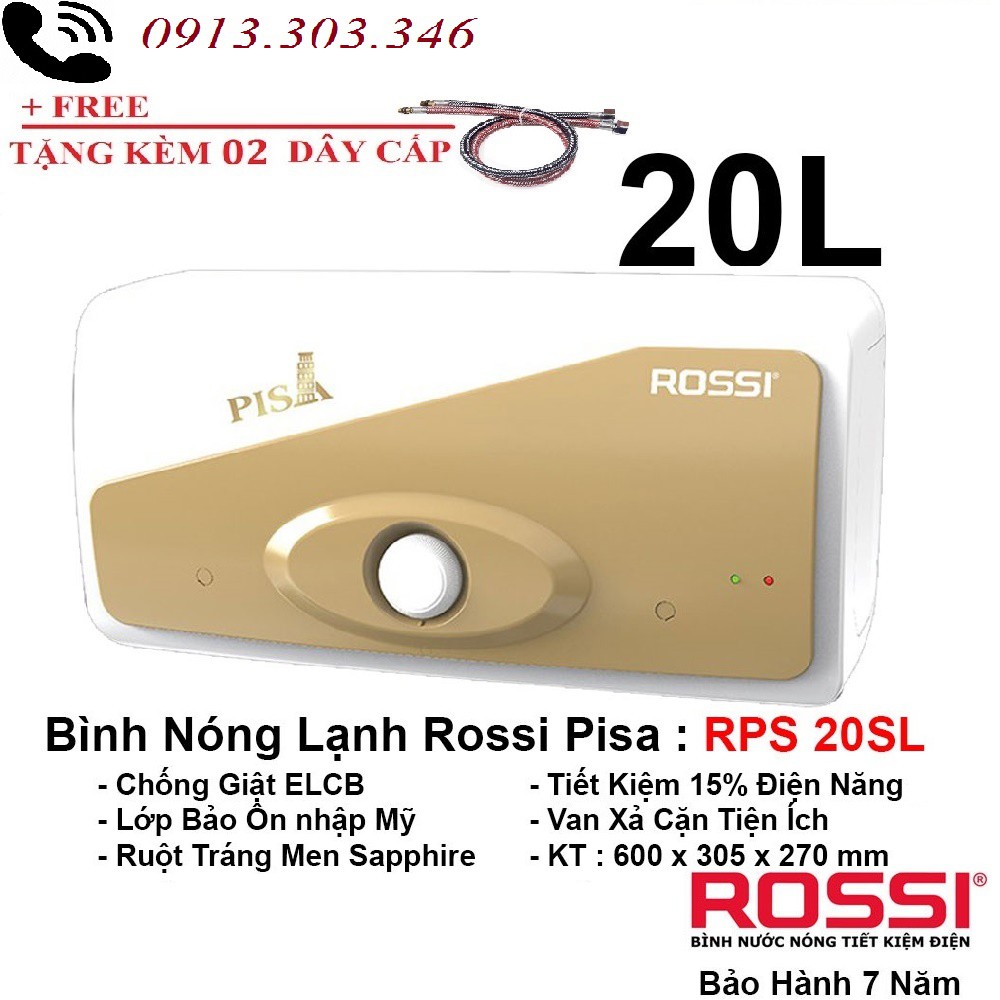 Bình nóng lạnh gián tiếp Rossi Pisa 20 LÍT NGANG, chính hãng, bảo hành 7 năm toàn quốc, tân á đại thành