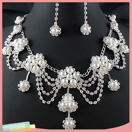 Bộ Vòng cổ + Đôi Khuyên Tai Đính Ngọc Trai Giả Sang Trọng Cho Cô Dâu
