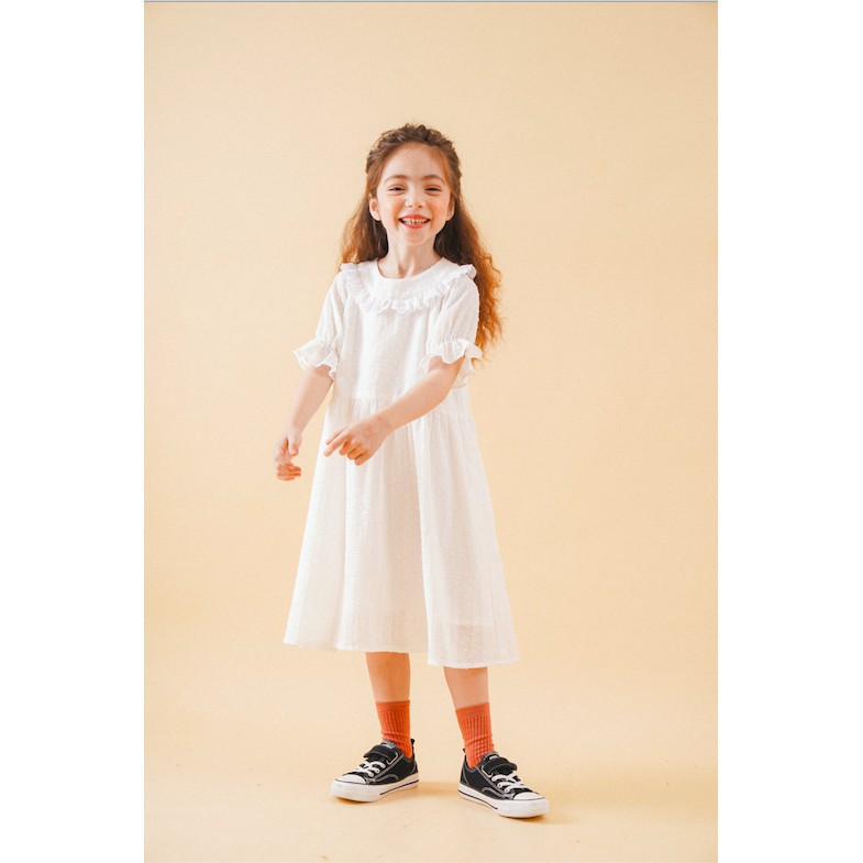 Đầm bé gái thiết kế babydoll cộc tay cổ viền ren trắng - Pumpkin Dress - Trắng