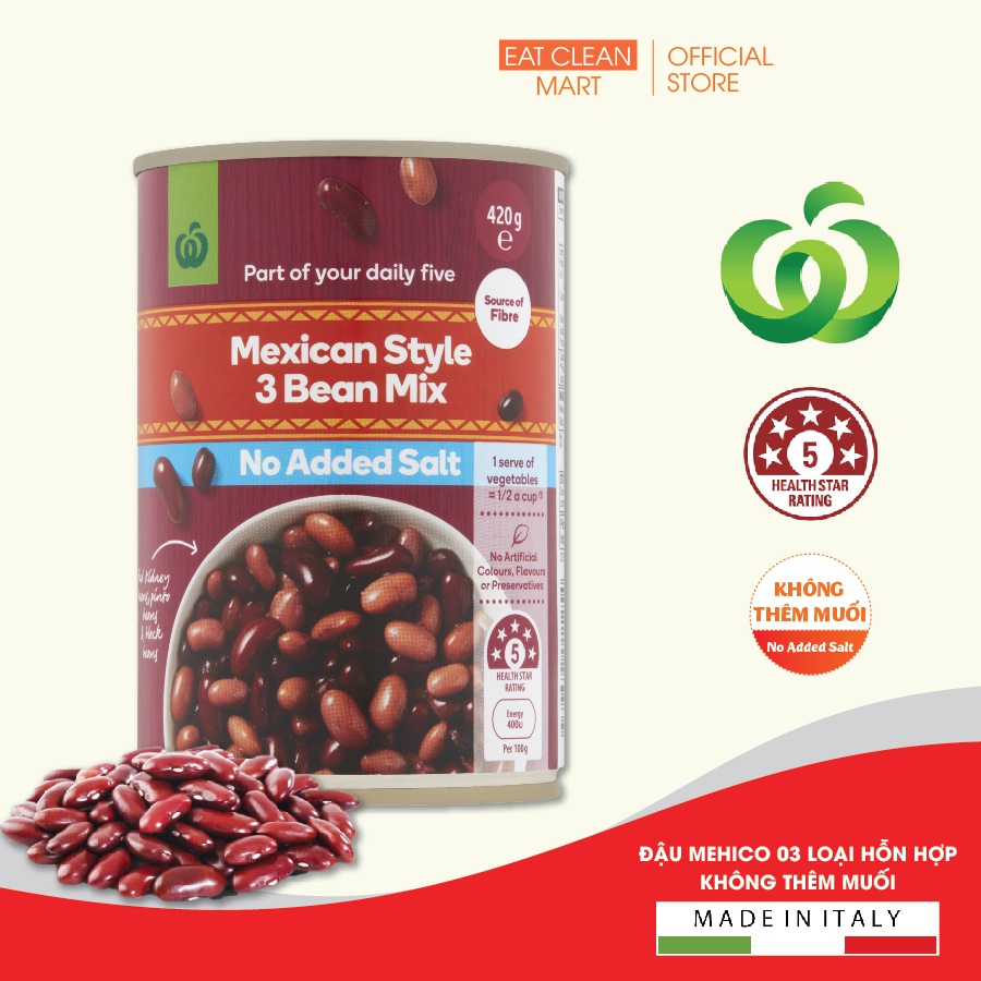 Đậu Mehico 03 loại hỗn hợp  Không Thêm Muối  - Woolworths Mexican 3 Bean Mix No Added Salt 420g