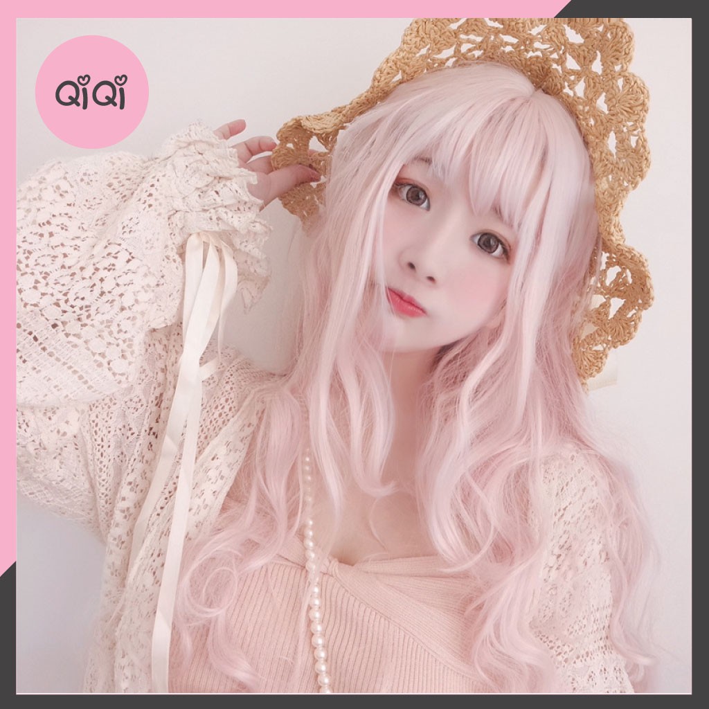 Wig/ Tóc giả nguyên đầu BẠCH KIM/ ghi khói xoăn dài 60cm Cosplay mái thưa QiQishop