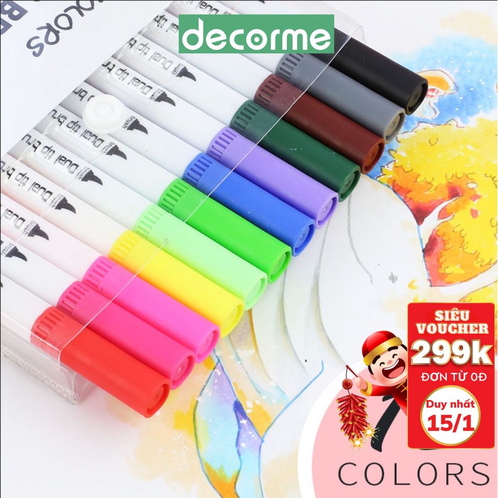 Dual brush pen DecorMe bút brush fineliner set 12 bút calligraphy phụ kiện văn phòng phẩm