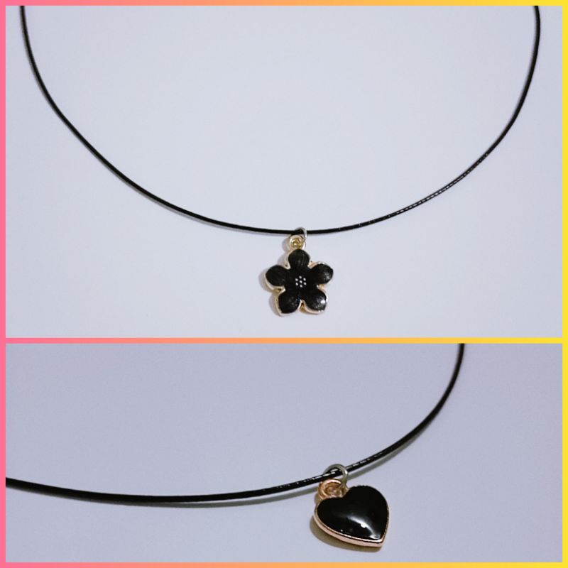 Dây chuyền chocker đen sợi mảnh mặt bông hoa, trái tim đen tráng men cao cấp