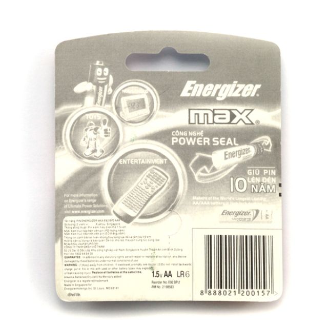 Vỉ 2 Viên Pin AA ENERGIZER MAX Chính Hãng