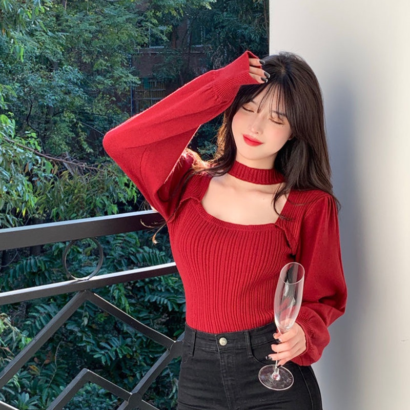 Áo dệt kim cổ vuông tay phồng phong cách Pháp quyến rũ