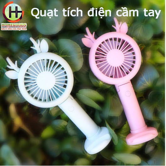 Quạt tích điện mini cầm tay màu sắc có đèn led - tặng kèm tai dễ thương và giá đỡ điện thoại