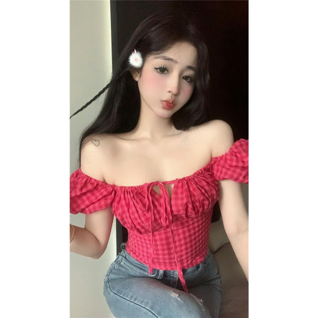 Cocory vn Áo Kiểu Cổ Vuông Tay Phồng Họa Tiết Sọc Caro Phong Cách Hàn Quốc Thời Trang Mùa Hè Cho Nữ