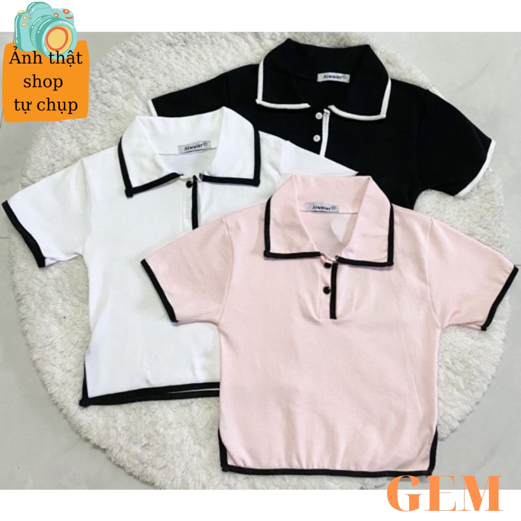 Áo croptop tay ngắn cổ polo phối viền , áo thun nữ cổ bẻ xẻ tà hông
