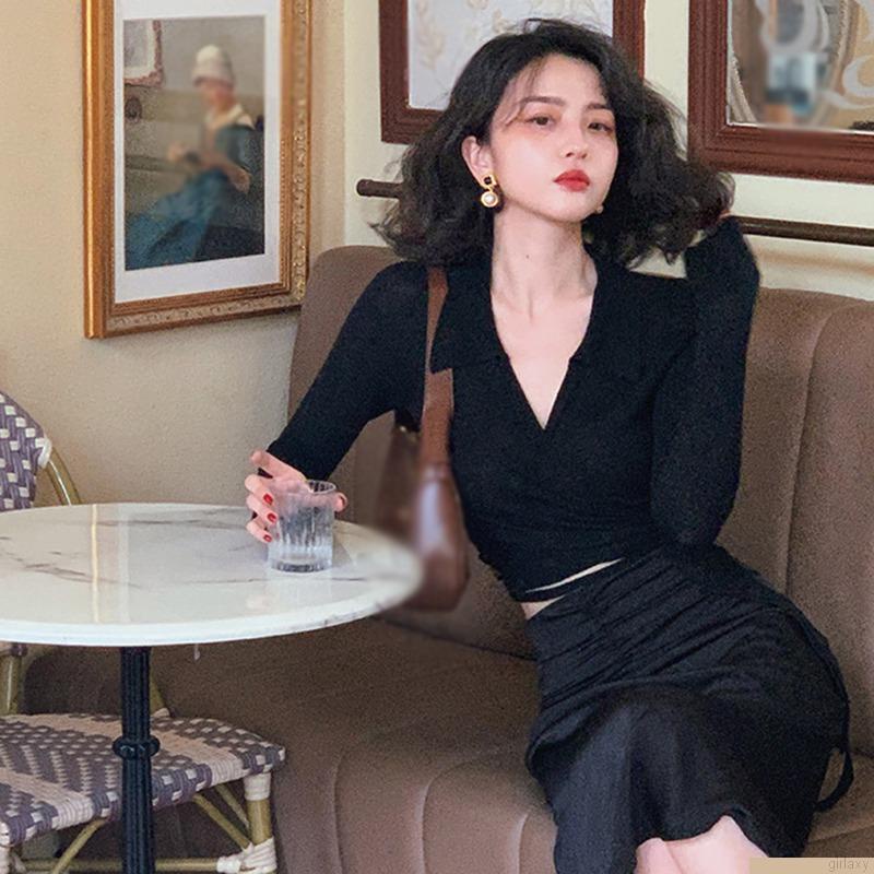 Áo croptop dệt kim màu trơn tay dài cổ chữ V thời trang Hàn Quốc cho nữ