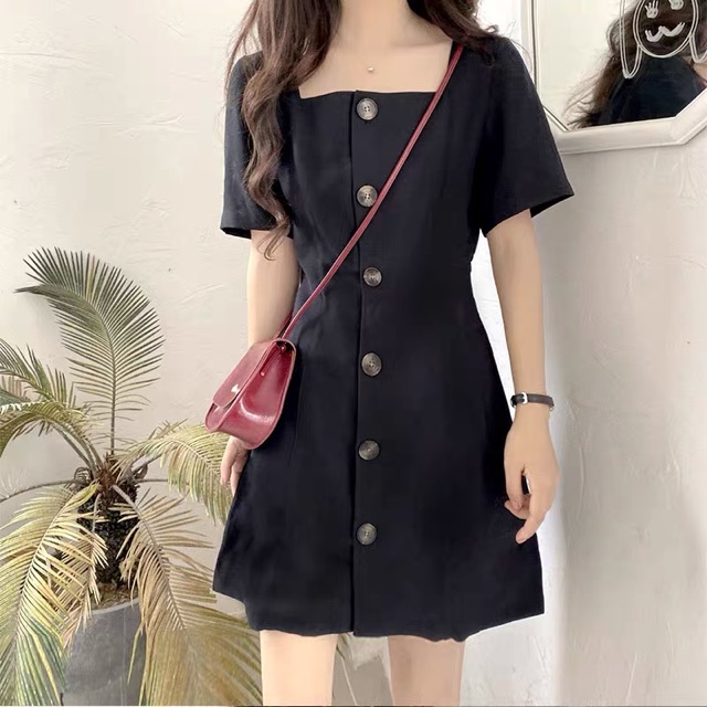 (Order 5-10days) Bigsize M-4XL Đầm cổ vuông basic đơn giản dáng xoè nhẹ, cài cúc giữa