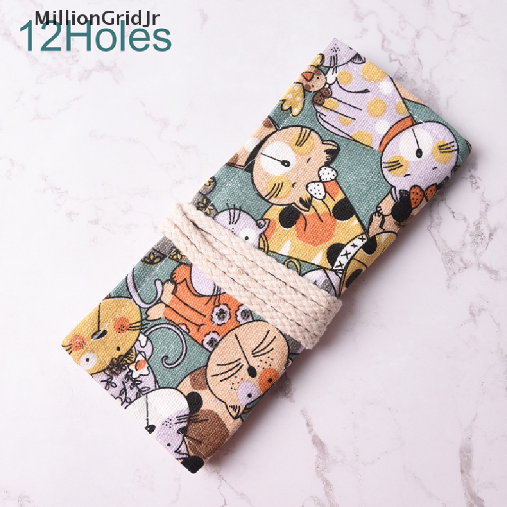 Mrvn Cat Canvas Bag Holder Wrap Roll Up Stationery Pen Brushes Pencil Case Pouch Grid