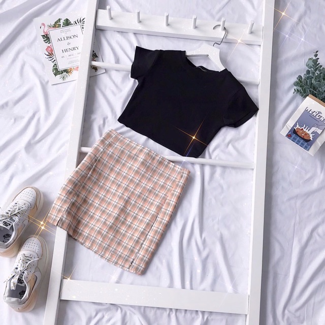 Set Chân Váy Caro Xẻ_CropTop Body Basic Ảnh Thật 100%