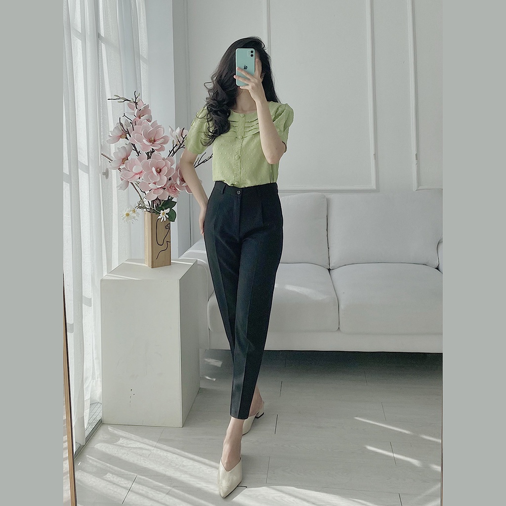 Áo nữ kiểu sơ mi công sở thiết kế thời trang Eden cổ tròn phối nút xếp li ngực chất vải mềm mịn thoáng mát - ASM158
