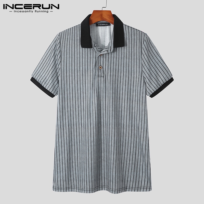 INCERUN Áo Thun Polo Ngắn Tay Thoải Mái Họa Tiết Kẻ Sọc Thời Trang Mùa Hè Cho Nam