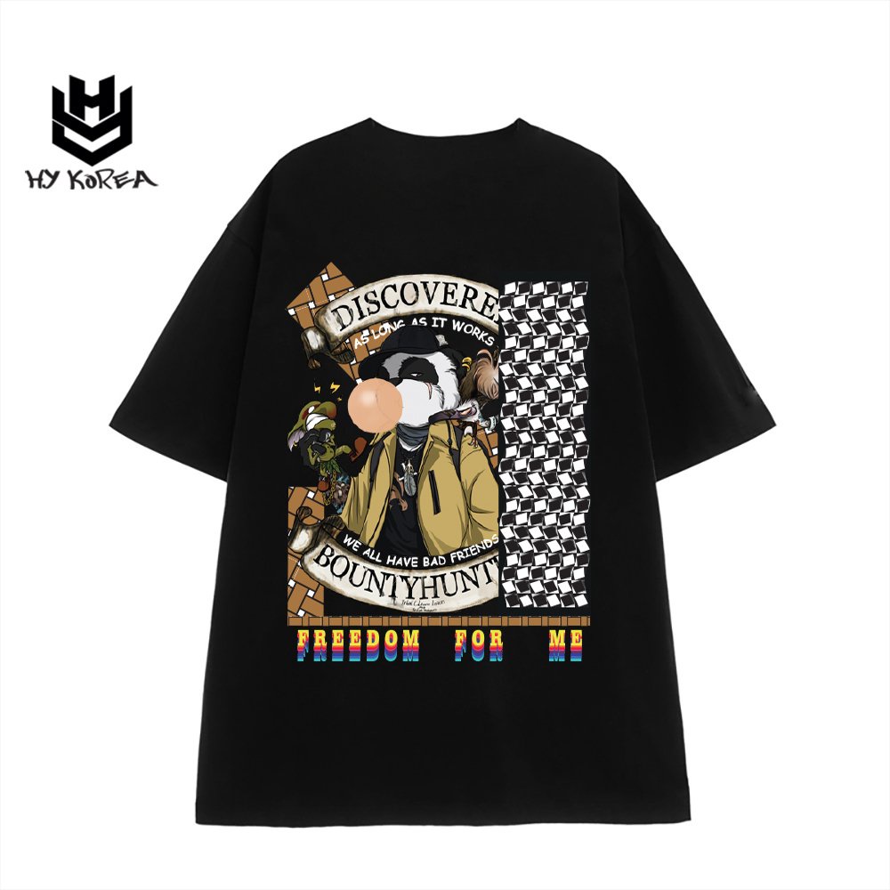 Áo phông unisex tay lỡ HY KOREA form rộng in hình Gấu trúc discovered 709
