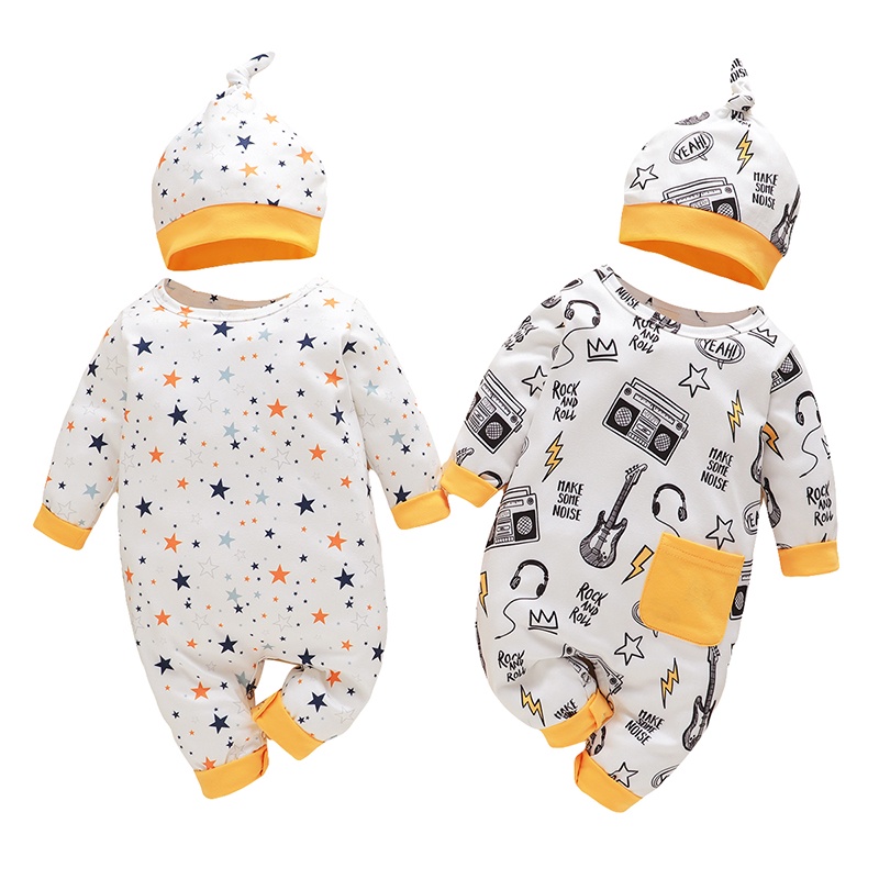 Áo liền quần MIKRDOO vải cotton tay dài in họa tiết ngôi sao kèm nón dễ thương cho bé trai