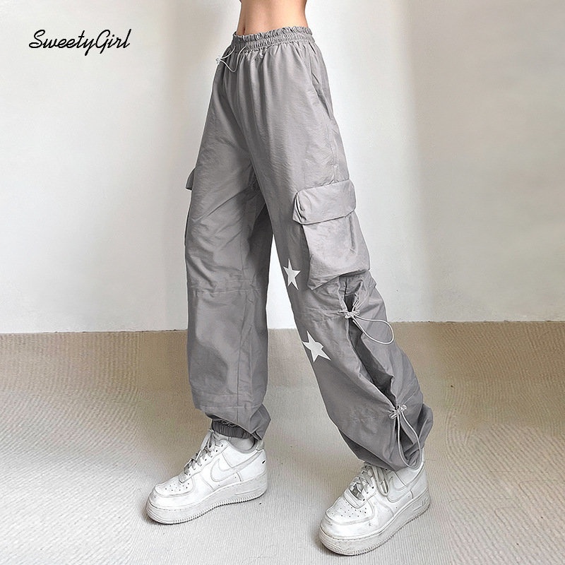 Quần Dài Thể Thao Dáng Rộng Phối Túi In Hình Ngôi Sao Màu Tương Phản Thời Trang 2022 Cho Nữ