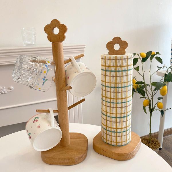 Giá gỗ treo ly, cốc 6 móc Vintage