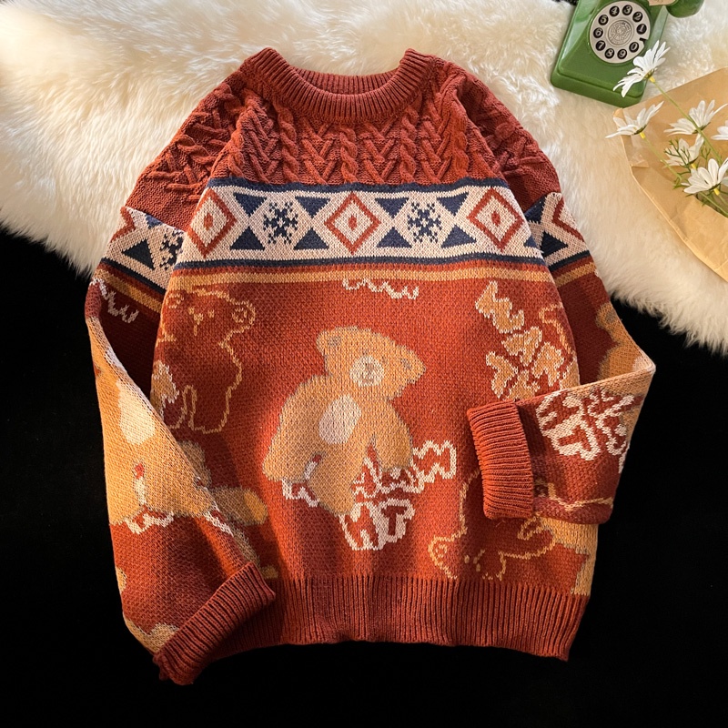 Áo sweater dệt kim dáng rộng in hình gấu thời trang thu đông Hàn Quốc dành cho nam nữ