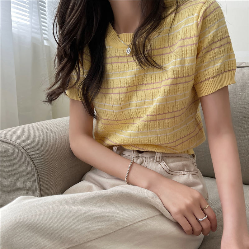 Áo Len Nữ Tay Ngắn Kẻ Sọc Ngang Thời Trang Trẻ Trung