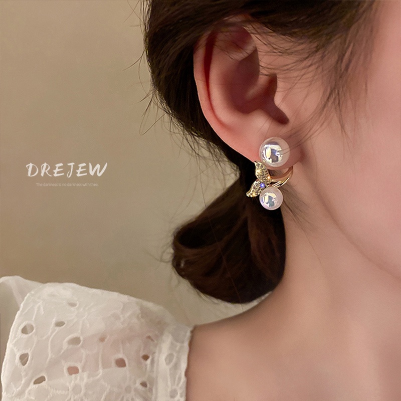 DREJEW Khuyên tai dáng dài mạ vàng đính ngọc trai sang trọng phong cách Hàn Quốc