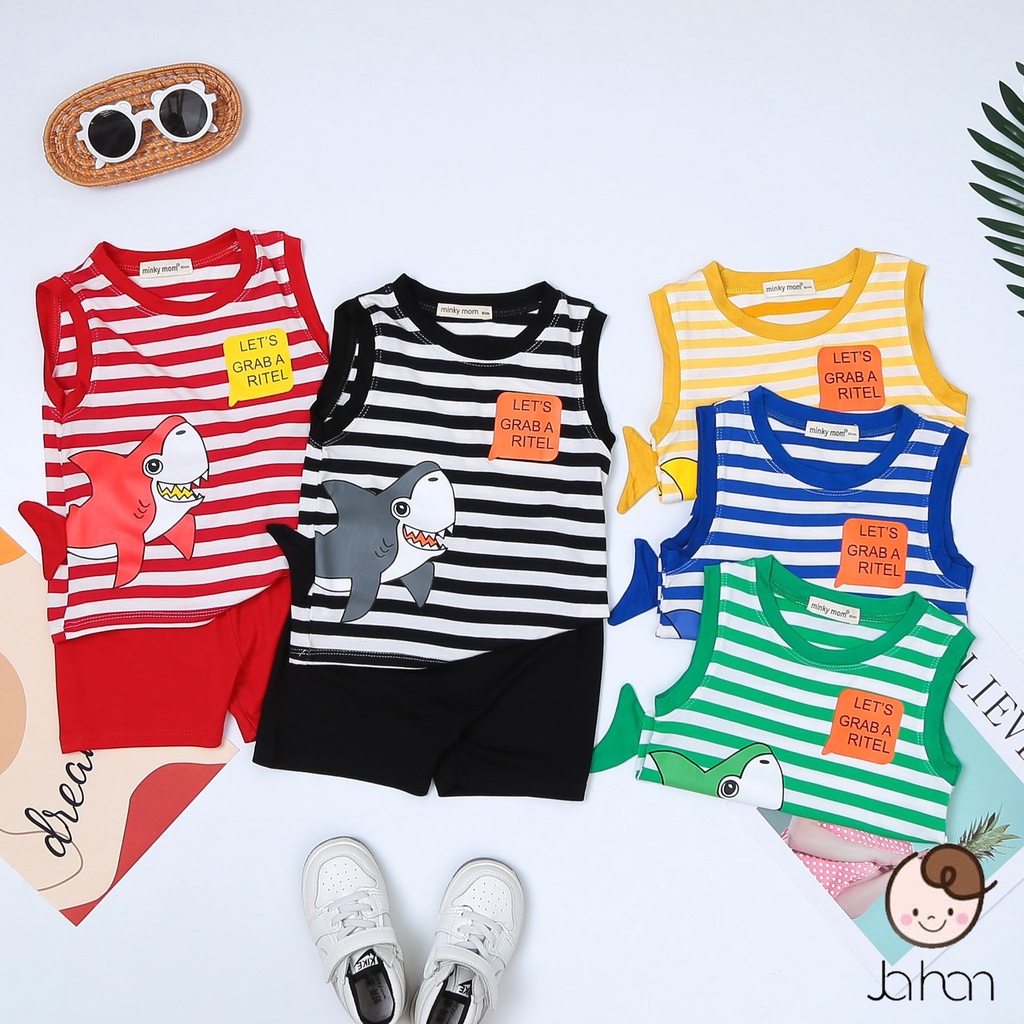 Bộ Ba Lỗ Bé Trai Bé Gái Minky Mom Vải Thun Lạnh In Hình Baby Shark 3D Kẻ Sọc Dễ Thương, Bộ Quần Áo Cho Bé BL-CA1