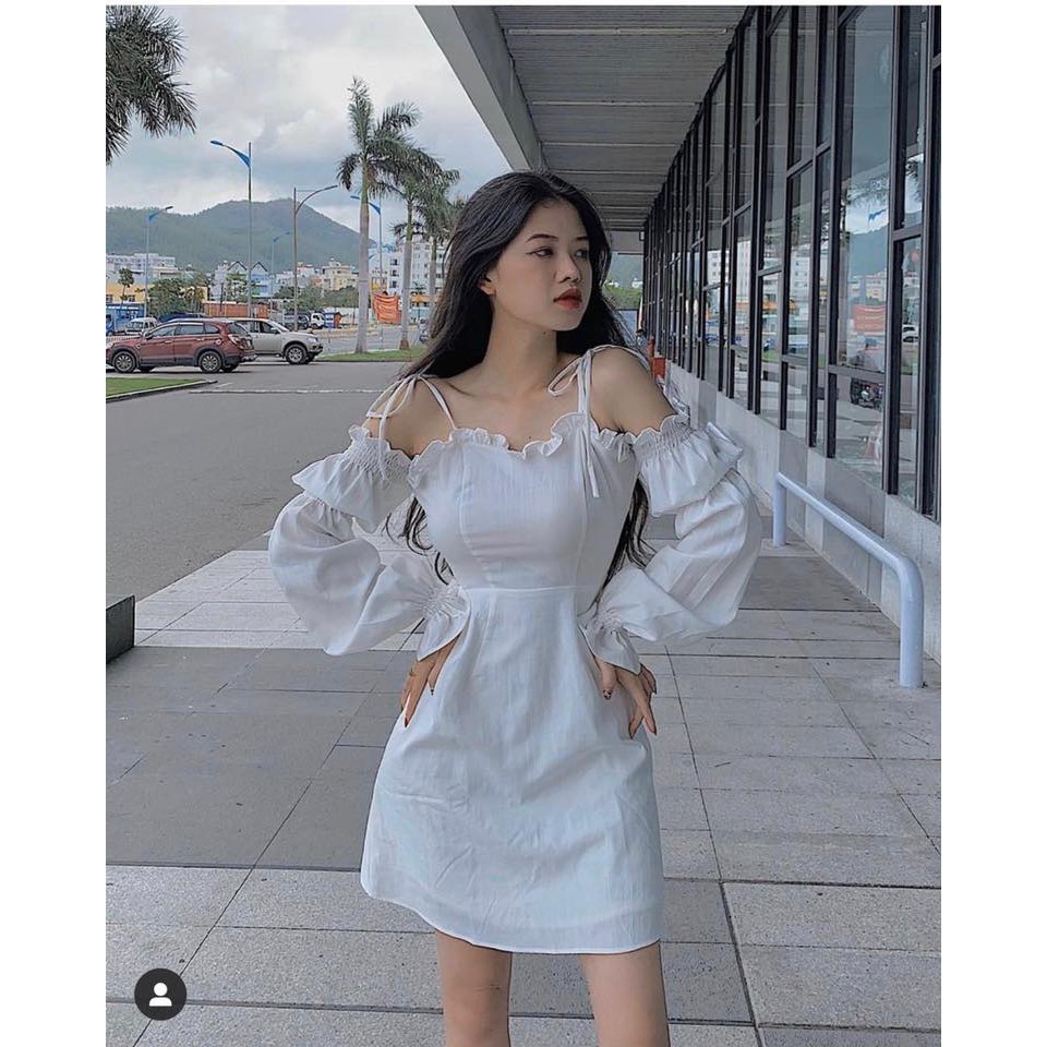 [Mã SKAMA06 giảm 8% tối đa 50K đơn 250K] ĐẦM TRẮNG 2 DÂY RỚT VAI TAY PHỒNG