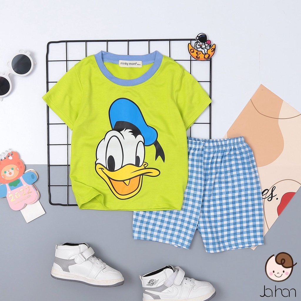Bộ Cộc Tay Cho Bé Trai Bé Gái Minky Mom Vải Thun Lạnh In Hình Mickey Phối Quần Caro Đáng Yêu Cho Bé DISNEY1