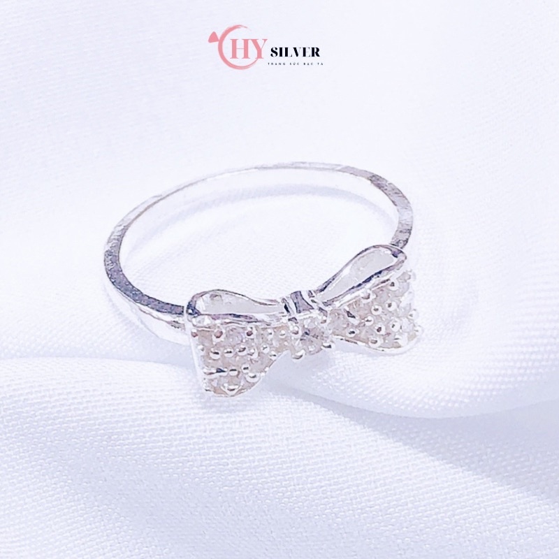 Nhẫn bạc ta nơ nạm đá nơ phồng xinh xắn tiểu thư nhẫn nữ nhẫn bạc giá rẻ đủ size to nhỏ