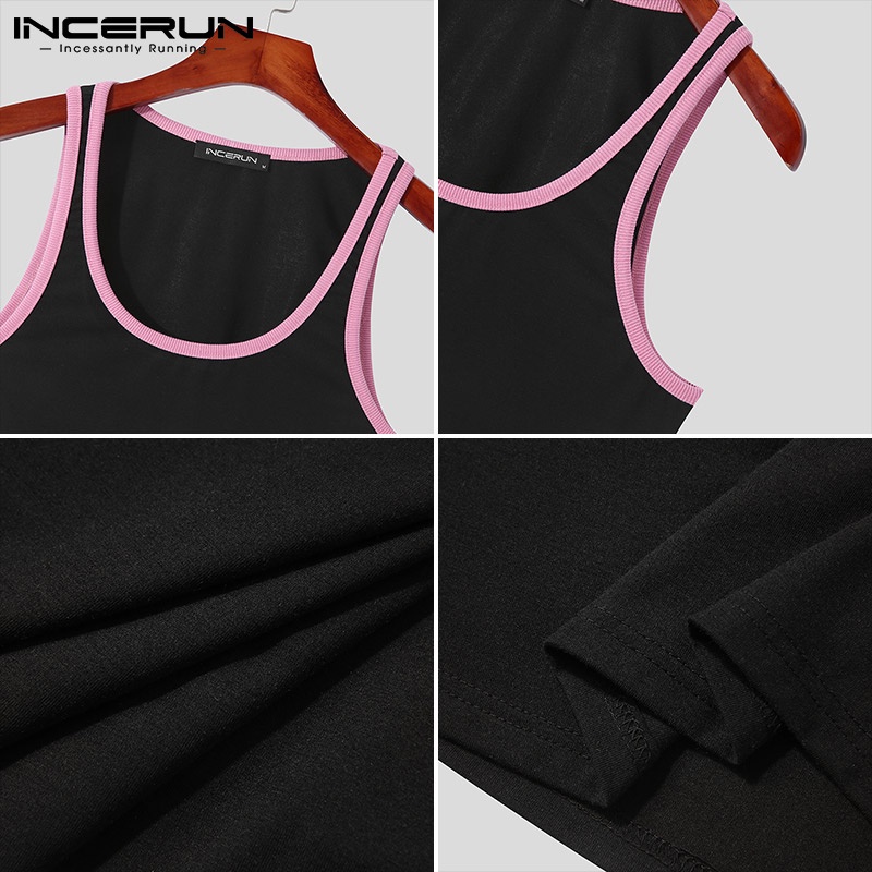 Áo thun INCERUN không tay màu đen cổ tròn màu sắc tương phản dành cho nam