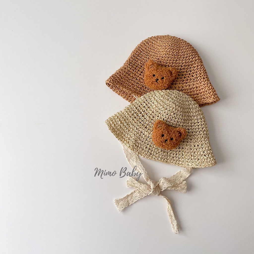 Mũ nón bucket chất cói mềm đính gấu bông xù dễ thương cho bé MH178 Mimo Baby