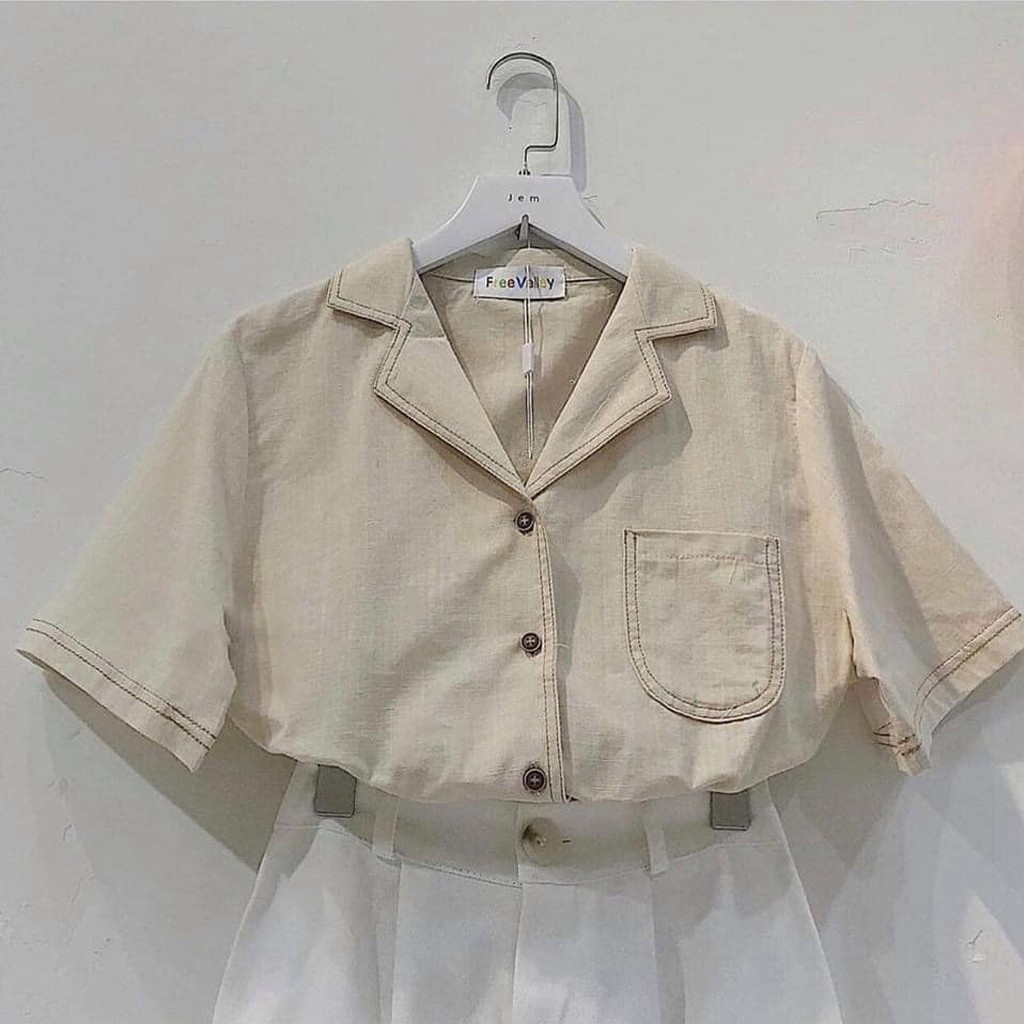 Áo sơ mi nữ thô đũi viền cổ, áo kiểu nữ cộc tay cổ vest viền chỉ freesize. ( ảnh thật) - Hàng nhập khẩu