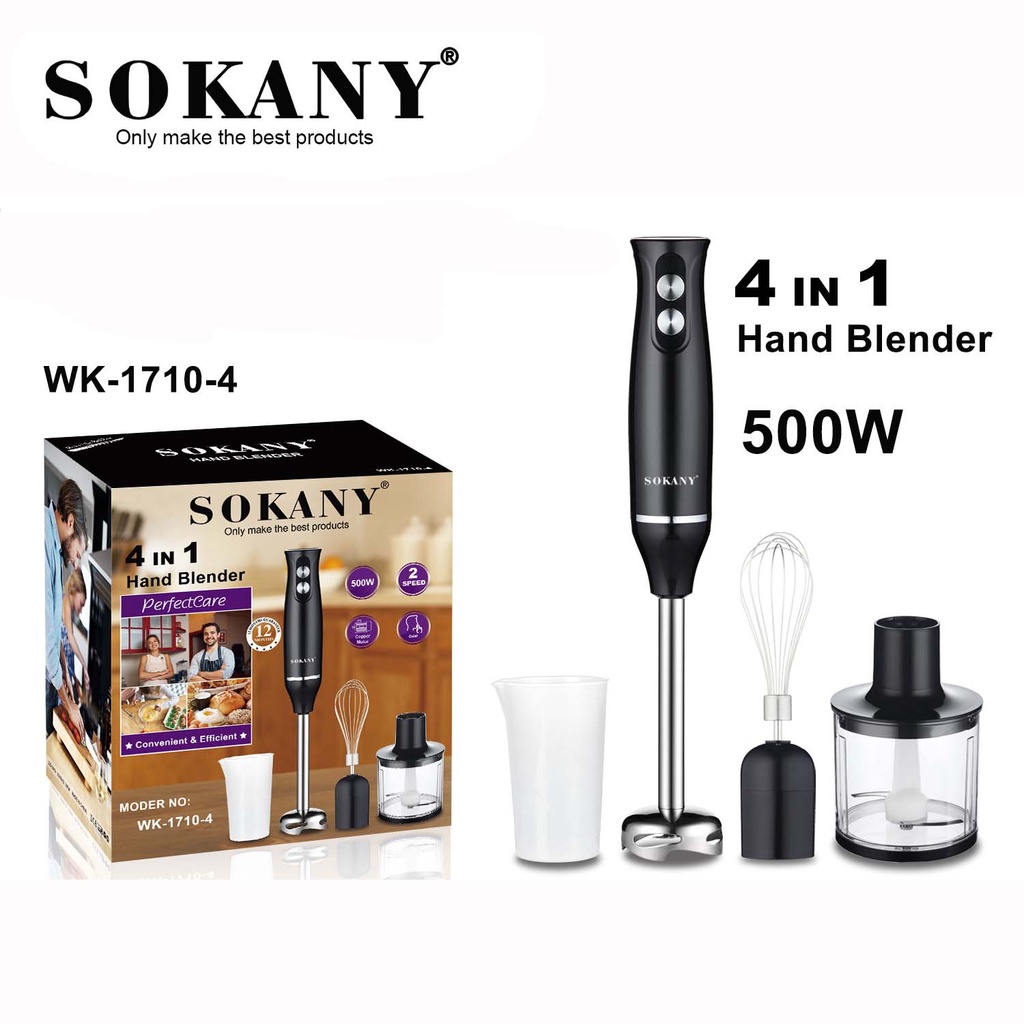 Máy xay cầm tay đa năng 4 in 1 - máy xay sinh tố 5 chế độ kèm đánh trứng, xay thịt, xay hạt, bột SOKANY SK-1711-4 1000W