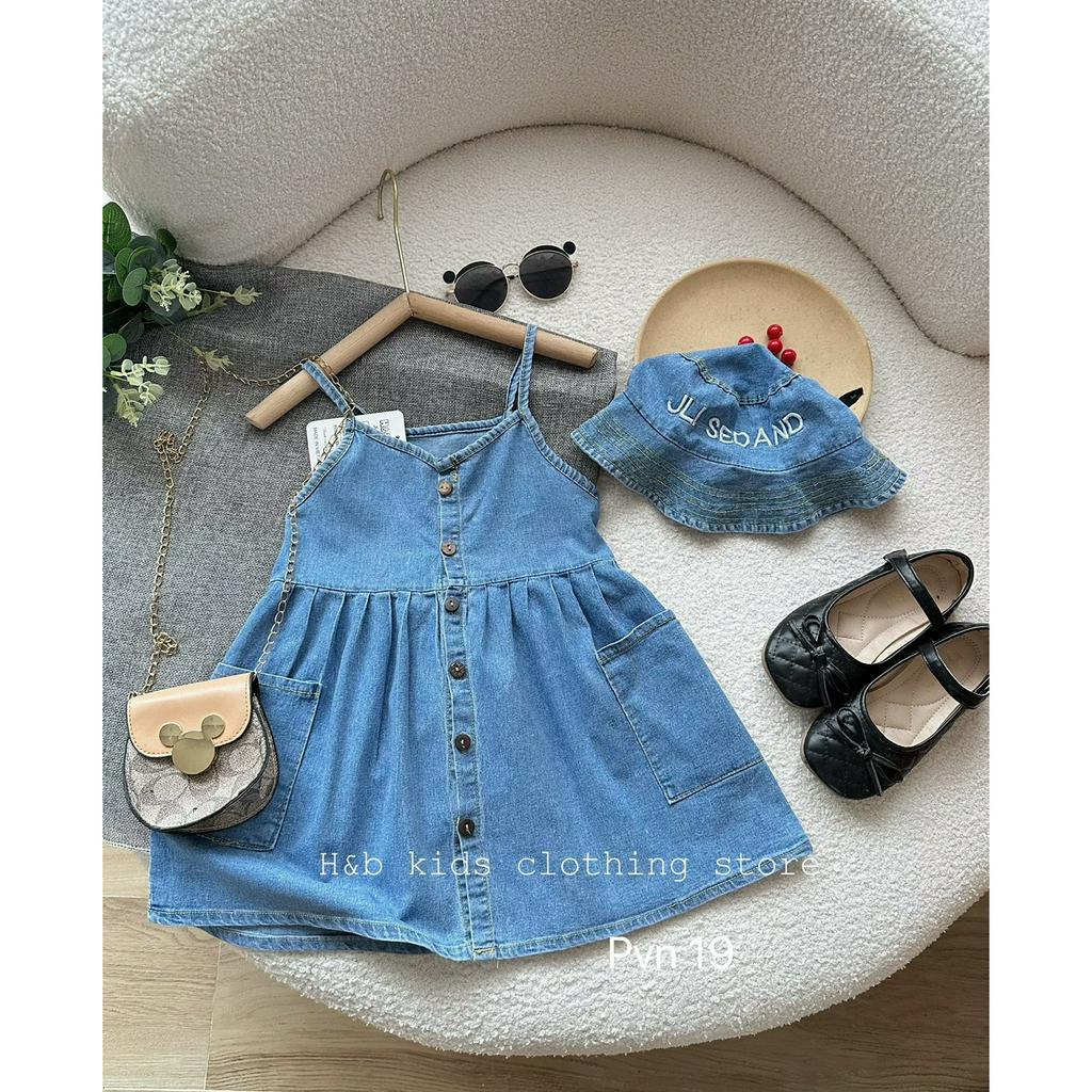 Váy cho bé gái , sét váy Jeans 2 dây kèm mũ thêu xịn sò cho bé gái 8-25kg