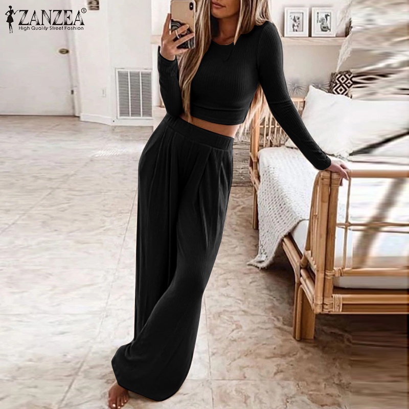 Set quần áo hai món ZANZEA cổ tròn dài tay ống rộng eo cao thời trang mặc nhà thường ngày cho nữ