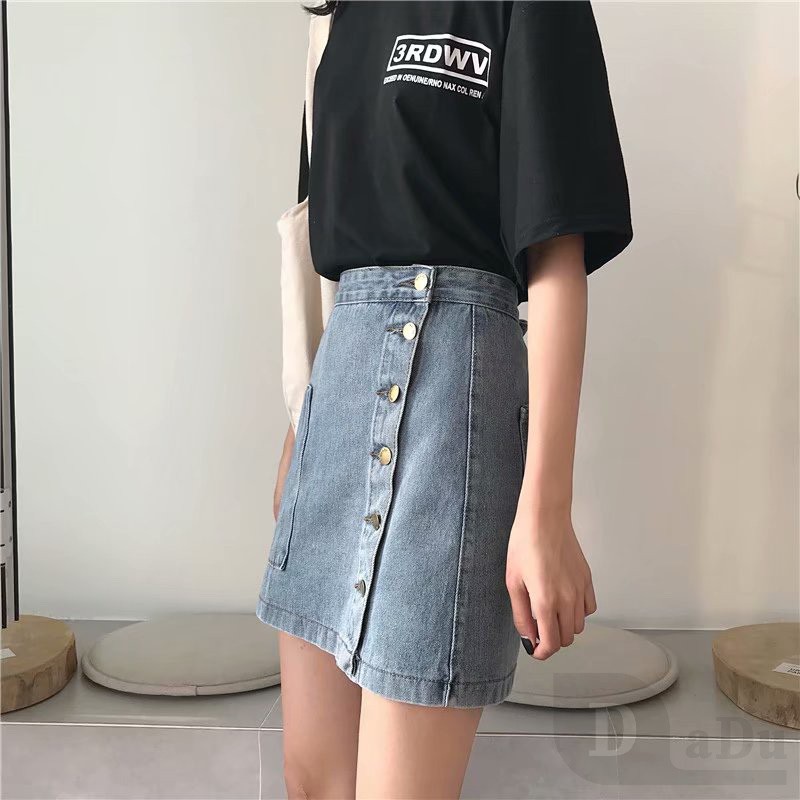Chân váy jean Chữ A Lưng Cao Xếp Ly Phong Cách Retro Thời Trang Mùa Hè Dành Cho Nữ