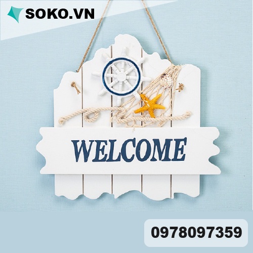 Bảng treo WELCOME chữ trắng nền nâu đậm kèm phụ kiện
