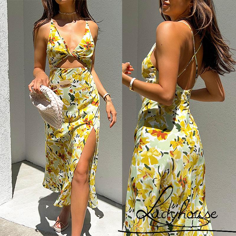 Ld- Đầm khoét cổ chữ v Hở Lưng In Họa Tiết Hoa Màu Vàng S/ M/ L/ XL Cho Nữ