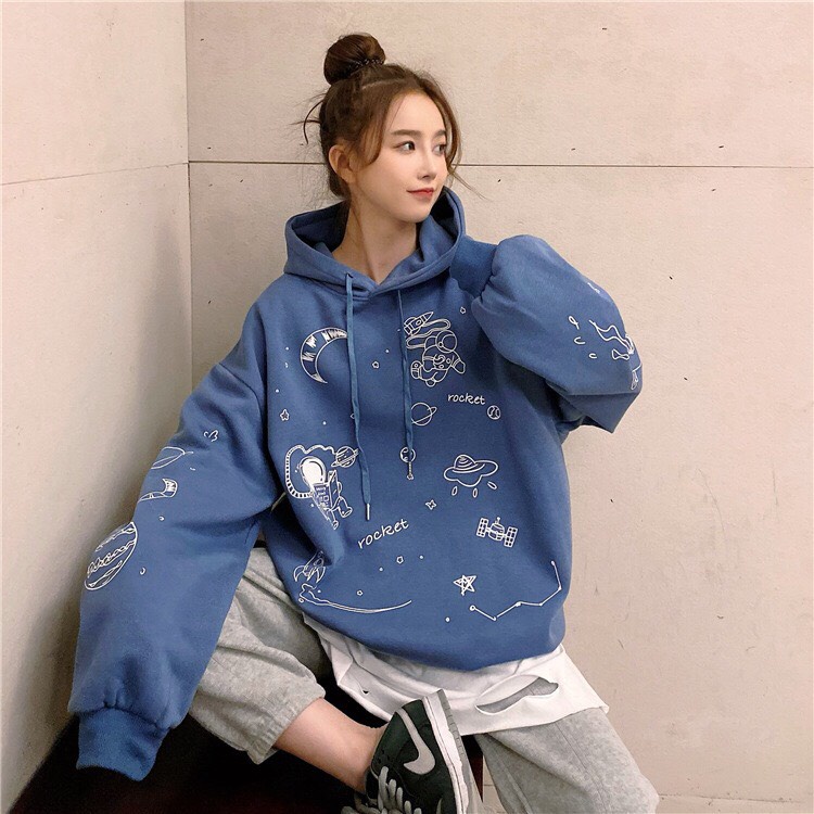 Áo hoodie chui đầu có mũ - Áo nỉ unisex nữ họa tiết ngoài hành tinh dáng rộng thời trang hàn quốc